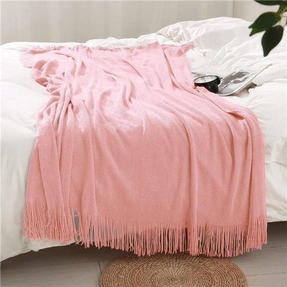 Decorative Knitted Throw Blanket with Fringe, Lightweight Blanket Acrylic Knit - Picture 6 of 7